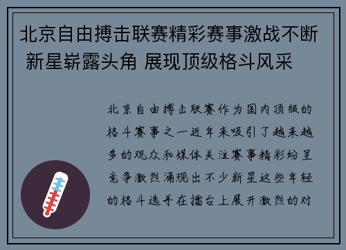 北京自由搏击联赛精彩赛事激战不断 新星崭露头角 展现顶级格斗风采