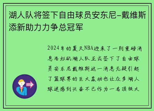 湖人队将签下自由球员安东尼-戴维斯添新助力力争总冠军